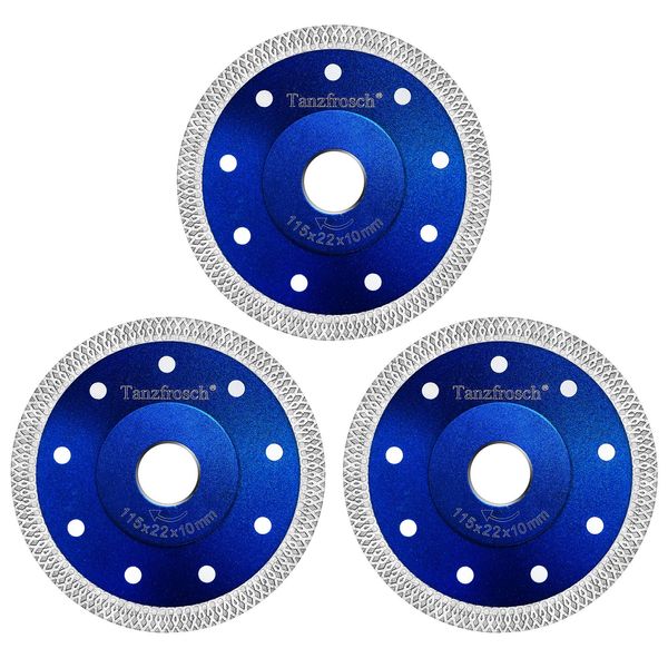 Tanzfrosch 4.5 inch Diamond Saw Blade 4.5" Cutting Disc Wheel for Cutting Porcelain Tiles Granite Marble Ceramics Works with Tile Saw and Angle Grinder (3 Pack, Blue)