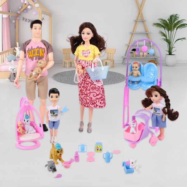 Dollcube Pregnant Doll with Baby in Tummy, 34PCS Family Dolls Set of 6 People with Pets Included Dad Pregnant Mom 2 Kids Baby Boy and Infants Pregnant Doll Accessories for Aged 3-12 Girls Boys Gift