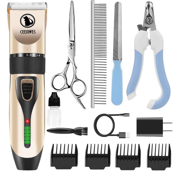 Ceenwes Dog Clippers Cordless Pet Grooming Kit, Professional Horse Clippers with Detachable Blade, Low Noise, USB Rechargeable, 5 Size Fine Tuning Knob, All in One Box