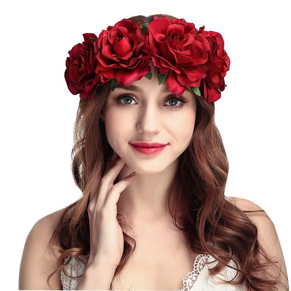 Qchomee Flower Crown Headband Bohemian Bridal Flower Hair Wreath Wedding Headpiece Garland Boho Floral Head Band Crown Hair Accessories, M, Red