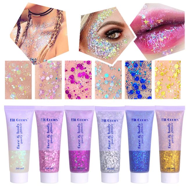 Fluoreszierendes Glitzer 6 Farben Make Up Glitzer Gesicht Glitzer Körper Glitzer Farbwechsel Irisierende Pailletten Chunky Pailletten Glitzer Set für Gesicht Nägel Augen Lippen Haare Körper