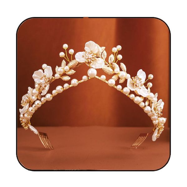 Gortin Flower Crown Bride Wedding Headband Gold Leaf Bridal Princess Headpiece Pearl Wedding Tiara Hair Accessories for Women and Girls