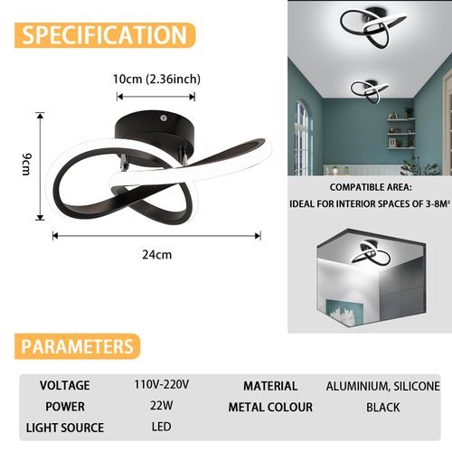 EIDISUNY LED Lamp 2 Rings Creative Personality Nordic White Black Ceiling Lighting for Entrance Hallway Lights Ceiling Living Room Cool White Light 22W (Black)