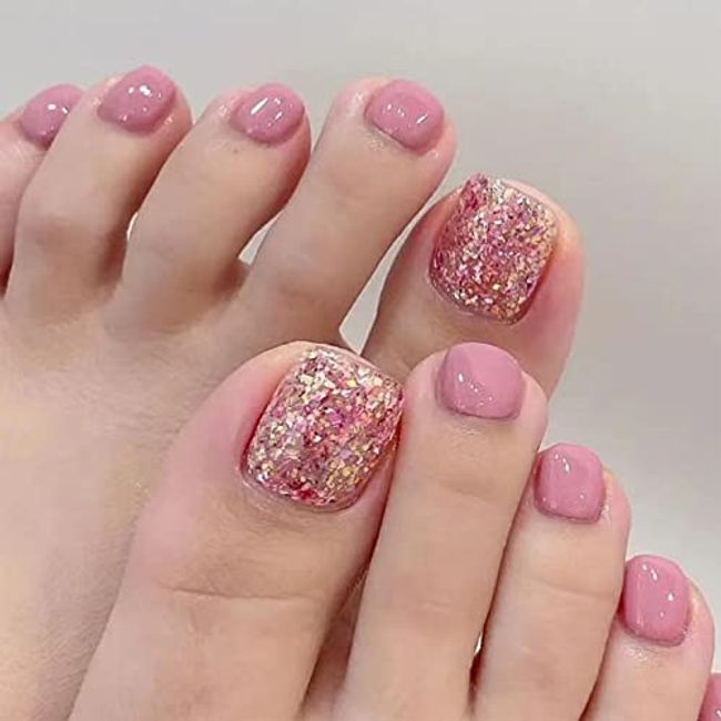 Short Foot Nails Tips Toe Nails Full Cover Pink Gradient Fake Toenails  French
