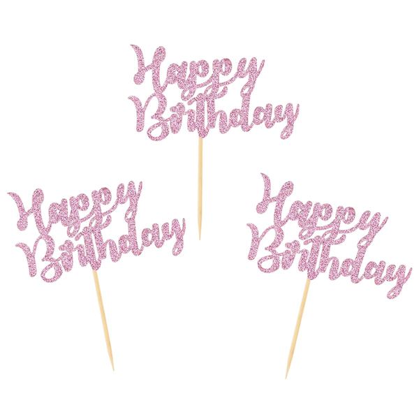 Donoter 24 Pcs Pink Glitter Happy Birthday Cupcake Toppers Cake Picks for Birthday Party Decoration Supplies