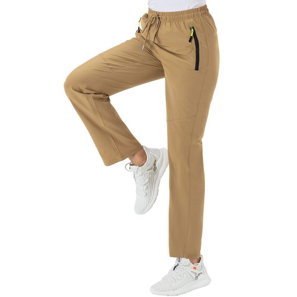 BGOWATU Women's Hiking Pants Quick Dry Water Resistant Outdoor Cargo Pants Zipper Pockets Lightweight (Khaki,US XXL)