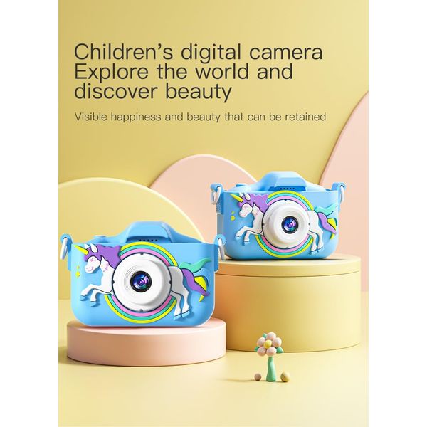 Kids Camera Toys for 3-12 Years Old Boys and Girls with Protective Silicone Cover,Christmas Birthday Gifts with 32GB SD Card Unicorn Blue