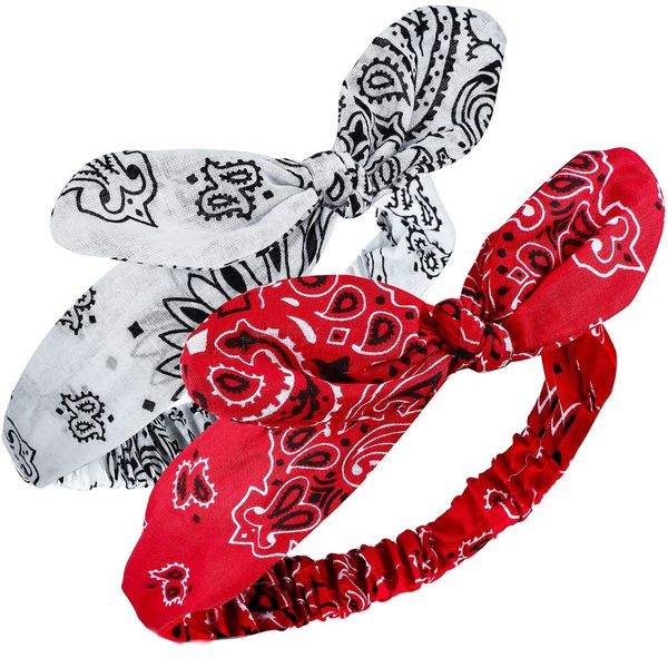 2 Pieces Bandana Headband for Women and Girls, Knot Retro Print Headbands Paisley Print Headband Headwrap Adjustable Headwrap (Red, White)