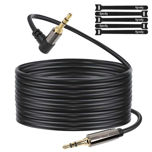 rycvaky Aux Audio Headphone Extension Cable, 3.5mm Aux Audio Cable, 90 Degree Male Plug to Female, Gold Plated Connectors, OFC Core, Perfect for Headphones, Car, 50ft/1 Pack