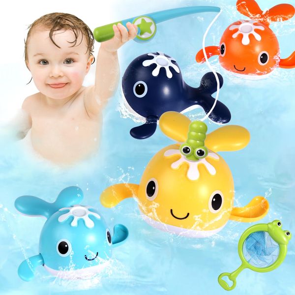 FICCURYS Baby Bath Toys Set,Wind Up Pool Toys for Toddlers 1-3,Kids Magnetic Fishing Toys with Fishing Rod,Fishing Net and 4Pcs Brightly Colored Whales,Boys and Girls Birthday Gifts