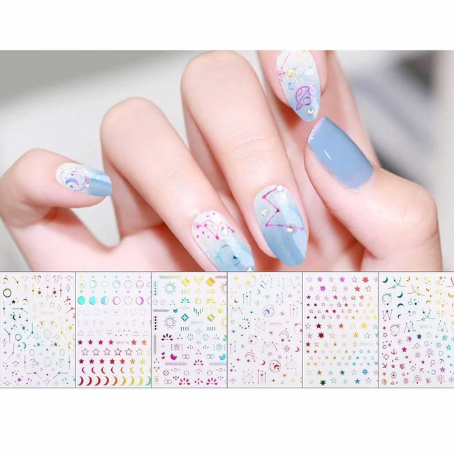 LANODO 6 Pcs Nail Stickers Star Moon 3D Stickers Nail Decor Self Nail Art Multiple Styles Beautiful Nail Sticker DIY