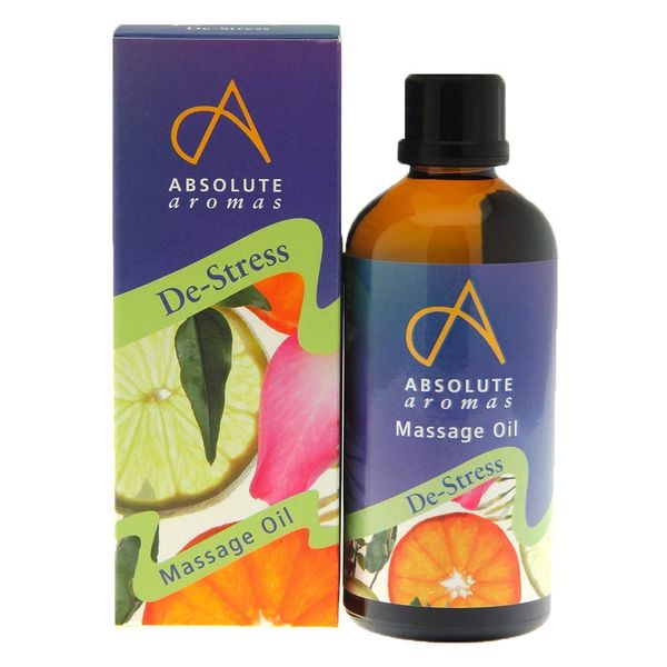 Absolute Aromas De-Stress Massage and Bath Oil 100ml - Fusion Blend of Lavender, Frankincense, Sandalwood and Chamomile Essential Oils in Almond, Evening Primrose and Jojoba Base Oil