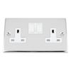 POLISHED CHROME SQUARE DOUBLE SOCKET 2 GANG WHITE INSERT PLASTIC ROCKER SWITCH