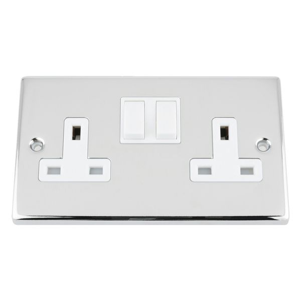 POLISHED CHROME SQUARE DOUBLE SOCKET 2 GANG WHITE INSERT PLASTIC ROCKER SWITCH