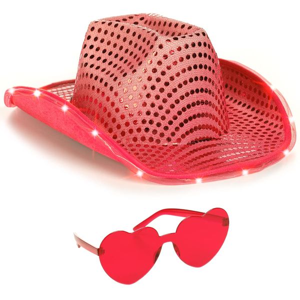 Funcredible Red Light Up Cowboy Hat and Glasses - Sequin Cowgirl Hat - Sparkly Led Cowgirl Hat for Women - Cowgirl Costume Accessories