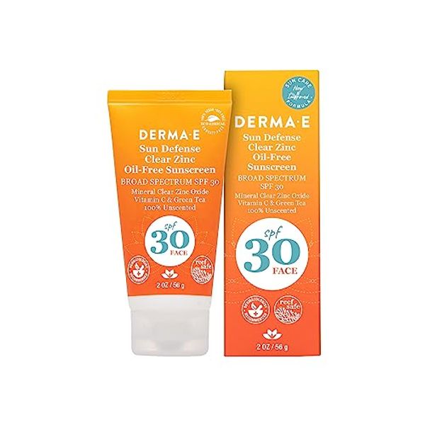 DERMA E Sun Defense Mineral Oil-Free Sunscreen SPF 30 Face – Broad Spectrum Facial Sun Cream – Hypoallergenic, Fragrance Free Clear Zinc Oxide Protection, 2 Oz