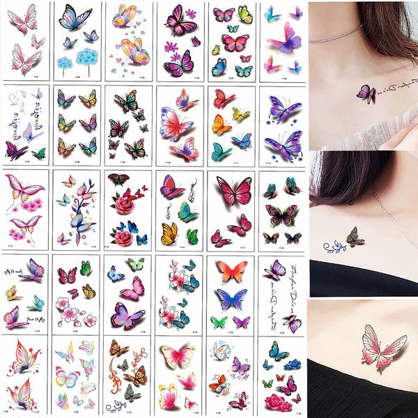 Butterfly Temporary Tattoo Stickers, Realistic 3D Butterfly Fake Tattoos, For Adults Women Girls Flower Butterfly Body Art Tattoos Sheet Bride Sexy Wedding -(30 Sheets)