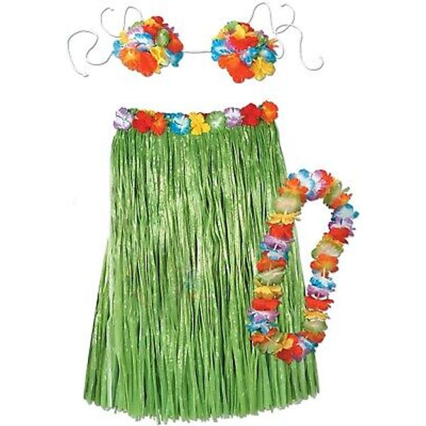 Child Hula Outfit Set Includes: Green Grass Skirt, Bikini Top & Lei NEW