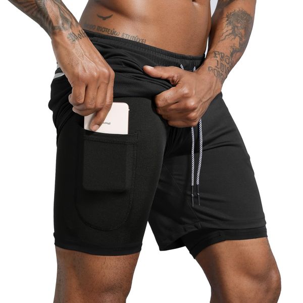 Leidowei Men's 2 in 1 Workout Running Shorts Lightweight Training Yoga Gym 7" Short with Zipper Pockets Black M