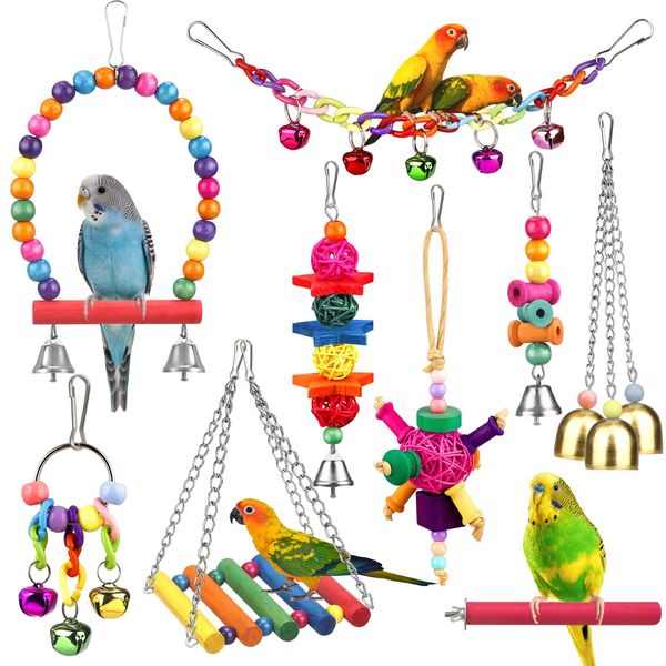 Bird Toys for Conures with Colorful Ladder Hammock Bird Cage Accerious Bird Perch Stand Chewing Toys Hanging Bell Parrot Parakeet Cockatiel Lovebirds