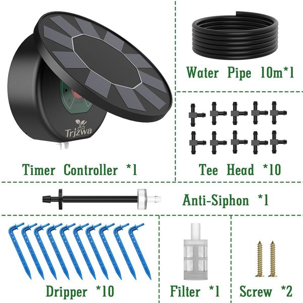 Solar Automatic Drip Irrigation System Kit with 9 Timing Modes, Anti-Siphon Set