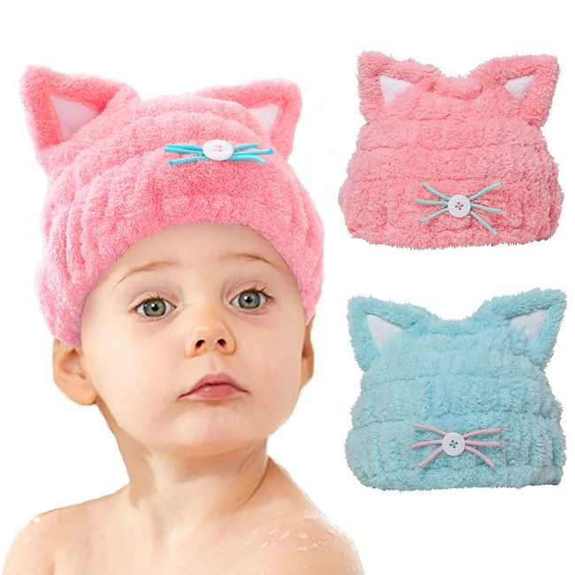 mdoahny 2Pcs Microfiber Quick Drying Towel Wrap for Kids Girls, Kids Hair Towel Wrap, Cute Ears Cap Wrapped Bath Tool Hair Turban, Absorbent Hair Dry Hat Cap Lightweight Hat Headscarf, Blue and Pink