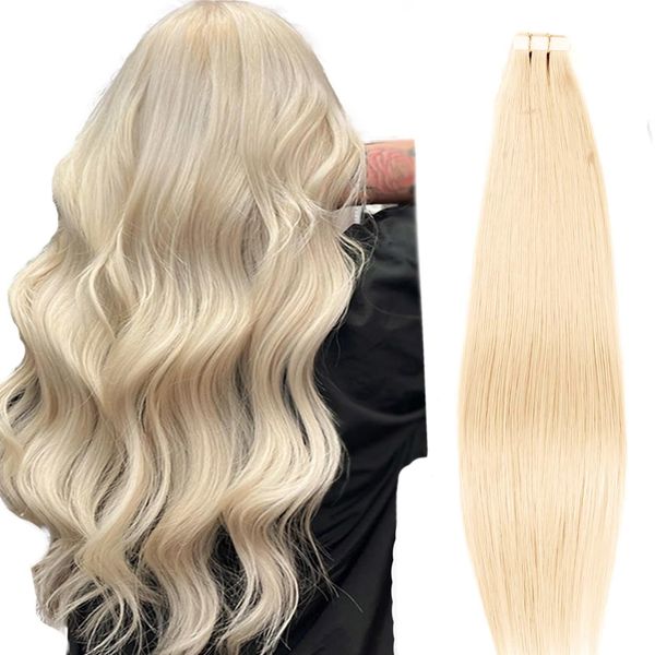 DIYOMO Tape in Hair Extensions Human Hair,#60A 14 inch Bleach Blonde Hair Extensions Soft & Smooth Remy Hair Extensions for Women,DIYOMO 2.5g/Pcs 50g/Pack.