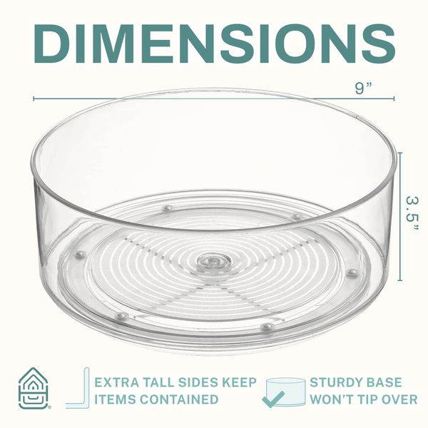 Home Intuition Round Plastic Clear Lazy Susan Turntable Food Storage Container for Kitchen (9" Round, 1 Pack)