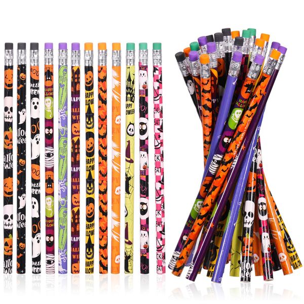 emzrivo 24 Pieces Halloween Pencils with Eraser Assortment Halloween Themed Pencil Ghost Pumpkin Skeleton Bat Spider Wooden Pencils for Halloween Party Favor Supplies, 12 Style(24)