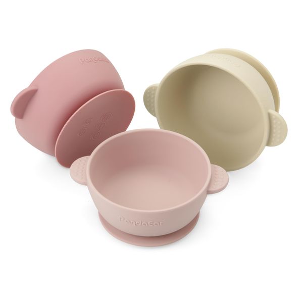 PandaEar Silicone Baby Bowls with Suction| 3 Pack Baby Suction Bowls for Baby Toddlers Infants Kids| Baby Food Feeding Bow Setl Food Grade Soft Safe BPA-Free (Pnk/Rose Red/Linen)