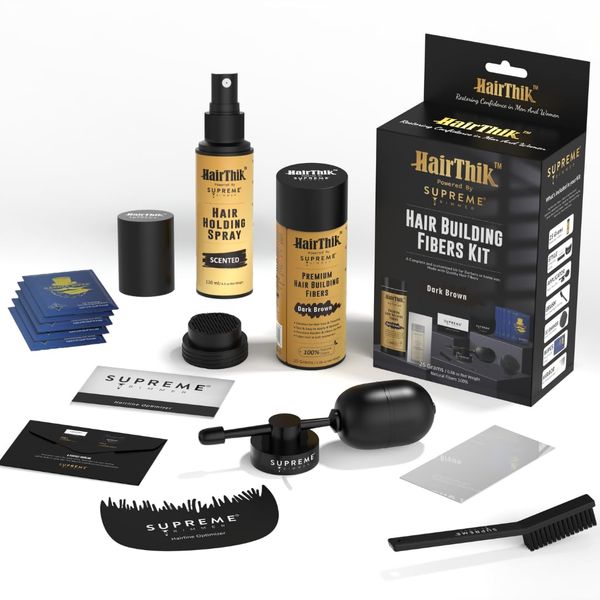 Hair Building Fibers 9-in-1 Kit | 25G Keratin Fibers, Pump Nozzle, 2 Hairline Cards, S&L Shaker, Brush, Wipes, Mirror & Holding Spray | Conceal Thicken Thinning Balding Hair | Men & Women (Dark Brown)