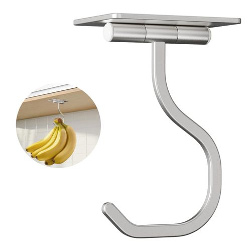 bussdis Banana Hook Under Cabinet Silver - Adhesive Banana Hanger Under Counter, Metal Banana Holder Stand for Hanging Bananas or Kitchen Utensil, Keeps Bananas Fresh, Silver, 1 Pack