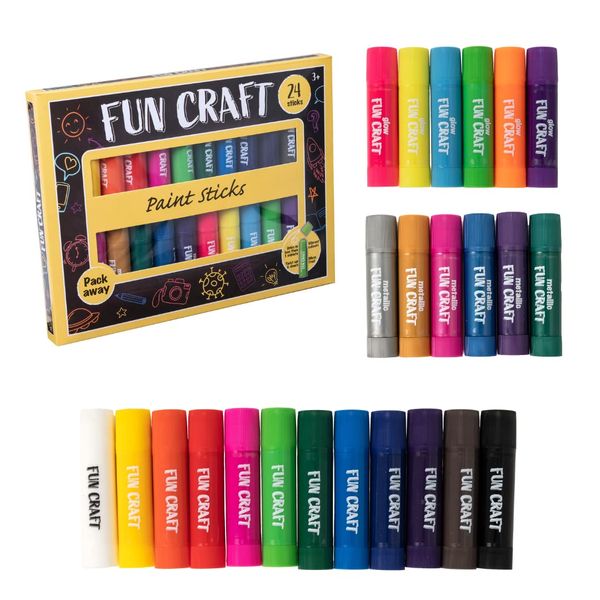 Fun Craft Tempera Paint Sticks | 24 Tempera Farben Malstiften Sticks | 6 Leucht-, 6 Metallic- & 12 Reguläre Gouache Farben | Abwaschbar, Schnelltrocknend, Ungiftig & Sauber| Malstifte Ab 3 Jahre