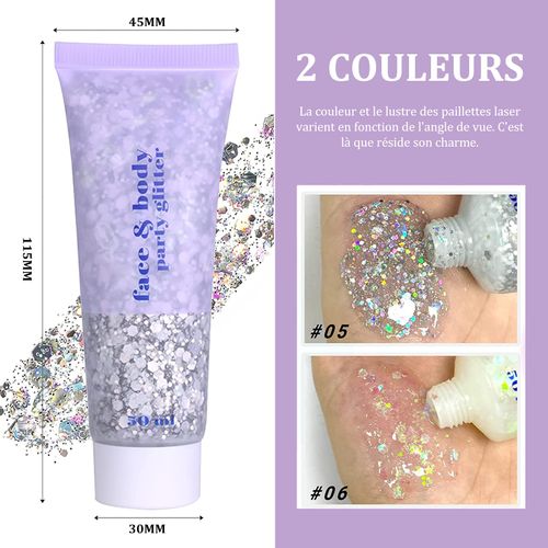 Riceel Body Glitter Gel, 2 Bottle Mermaid Sequins Liquid Chunky Glitter Gel Kit Kit Long-Lasting Glitter Sequins Chunky Powder Gel for Festival Masquerade Birthday Makeup (bianco + argento)