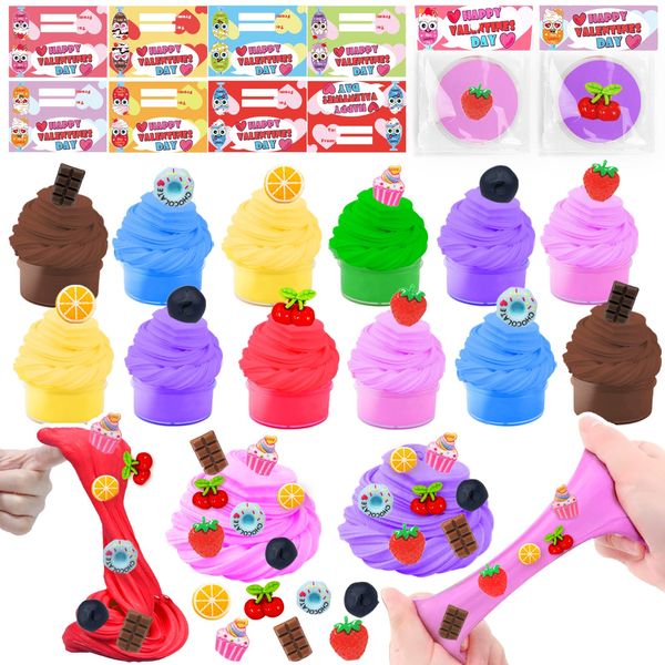 28 Pack Valentine's Day Gifts Cards for Kids Pre-Filled 7 Color Butter Slime with 7 Fruit Charms (4 Each),Stress Relief Toys Classroom Exchange Gifts, School Games Prizes, Party Favors for Boys Girls