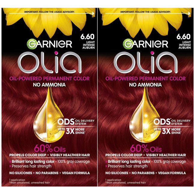 Garnier Hair Color Olia Ammonia-Free Brilliant Color Oil-Rich Permanent Hair Dye, 6.60 Light Intense Auburn, 2 Count (Packaging May Vary)