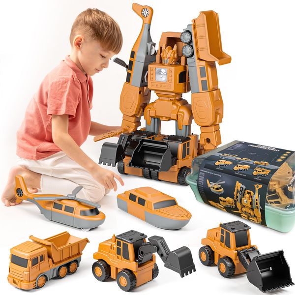 Gzsbaby Transforming Robot Toys Set for Boys, 6 in 1 Magnetic Construction Trucks Transform Robot Play Vehicles with Storage Box (Construction Toys) (Construction Toys)