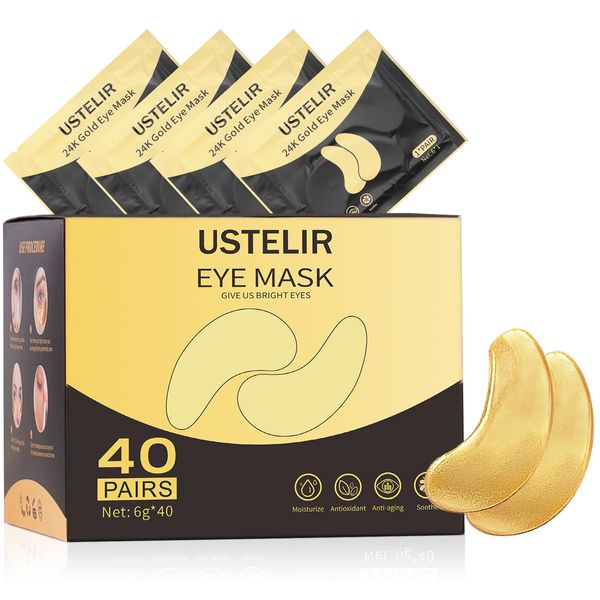 USTELIR Under Eye Patches, 40 Pairs Eye Mask for Dark Circles, Puffy Eyes, Undereye Bags,Wrinkles,Eye Mask Patches with 24K Gold, Eye Treatment Skin Care for Men & Women Gift