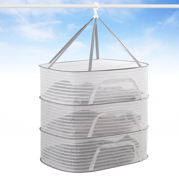 Tongwey Flat Drying Net, Shape Resistant, Clothes Drying Net, Flat Net, Folding Storage, 3 Tiers, Knit Drying, Large Capacity, Windproof, Circular, Drying Net, Fall Prevention, Hanging Hook,