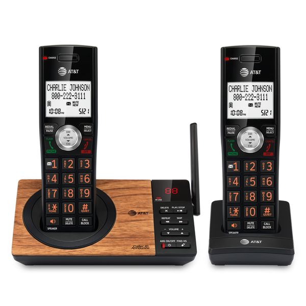 AT&T CL82267 DECT 6.0 2-Handset Cordless Phone for Home with Answering Machine, Call Blocking, Caller ID Announcer, Intercom and Long Range, Black & Wood Grain Finish