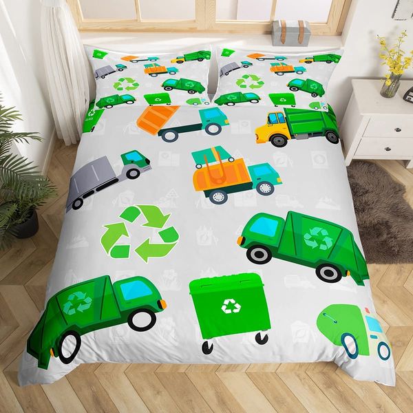 Boys Green Garbage Truck Duvet Cover Cartoon Trash Truck Bedding Set for Kids Boys Girls Teens Green Vehicle Car Comforter Cover Garbage Truck Toy Bed Set Full Size with 2 Pillow Case (No Comforter)