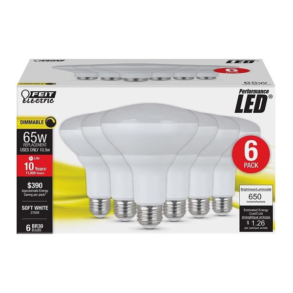 Feit Electric LED BR30 Light Bulbs, 65W Equivalent, Dimmable, 10 Year Life, 650 Lumens, 2700K Soft White, E26 Base Recessed Can Light Bulbs, Flood Light Bulbs, Damp Rated, 6 Pack, BR30/DM/10KLED/6