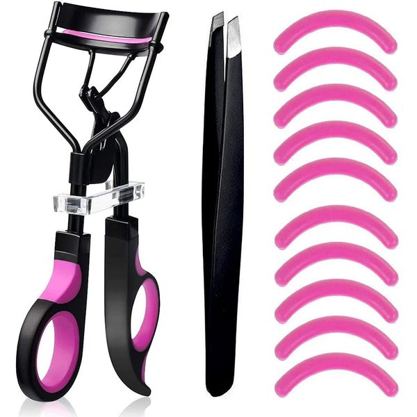 Eruinfang Eyelash Curler, Lash Curler Without Pain, Professional Makeup Tool for Perfectly Curved Eyelashes, Eyebrow Tweezers, with 10 Replacement Silicone Pads, (Purple), Purple and Black