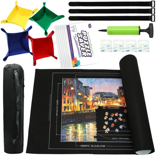 Portable Puzzle Mat Roll Up - with 9 Glue Sheets, Sorting Trays, Hand Pump, Inflatable Tube, and Storage Bag - Perfect for Kids and Adults (Black, 1500pcs)