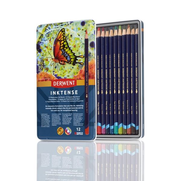 Derwent Inktense Permanent Watercolour Pencils, Set of 12 in a Tin, 4mm Premium Core, Water-Soluble, Ideal for Colouring, Painting and Crafting, Professional Quality (0700928)