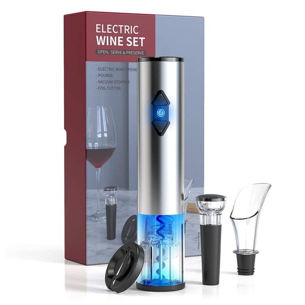 CIRCLE JOY 4-in-1 Electric Wine Opener Set, Battery Operated Wine Corkscrew Opener with Foil Cutter, Wine Aerator Pourer and Vacuum Stopper, Stainless Steel