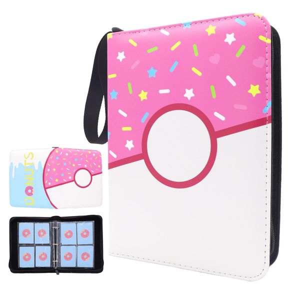 Card Binder 4-Pocket Pink Donuts Card Holder Album for 400 Cards Trading Cards Holder Zipper Binder for Cards Collection