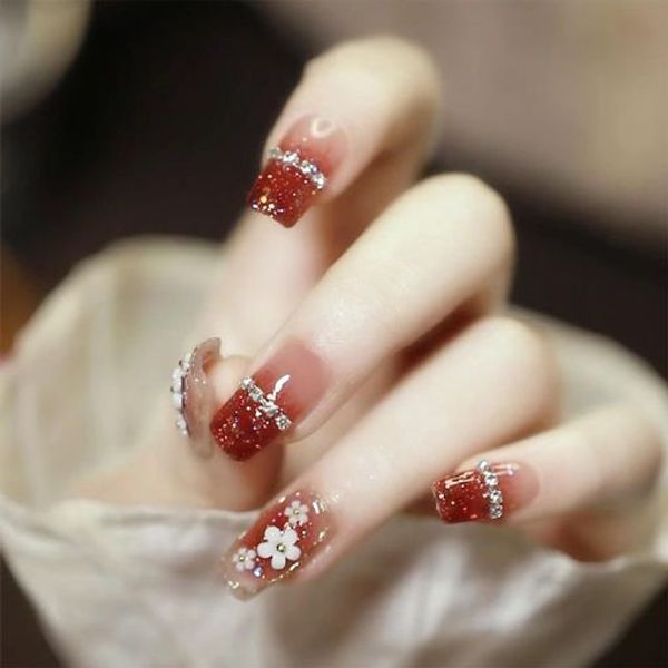 &quot;Nail tips, floral pattern&quot; XUZOO 24 pieces, nail tips, fake nails, short, long, cute, stylish, popular, floral pattern, nail tips, nail stickers, fake nails, nail tools, double-sided nail tape included (red and white flowers)