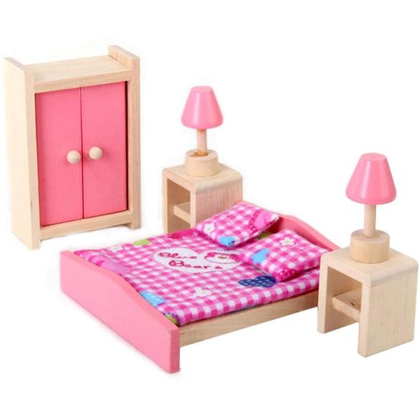 POFET Dollhouse Bedroom Furniture Set Bed + Table + Lamp + Cabinet - Rancom Blanket