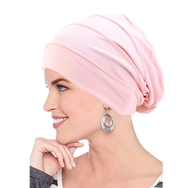 AIDIER Cotton Chemo Hat Sleep Cap Satin Lined Hats Elastic Turban Surgical Scrub Cap Stretchy Hats for Hair Loss Women Pink